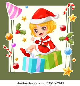 Vector illustration character of Santa Claus girl sit down top on gift box and decoration object Christmas around her.