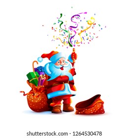 Vector illustration character santa claus present gift empty bag smile slapstick flapper petard confetti serpentine holiday sticker emoji happy new year merry christmas mascot design white background