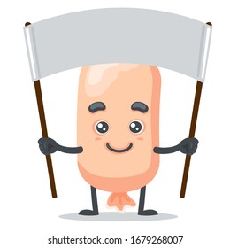 Vector illustration of character or sausage mascot holding blank white banner