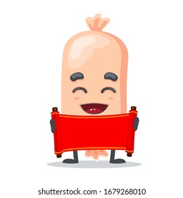 Vector illustration of character or sausage mascot holding blank red scroll