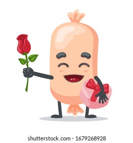Vector illustration of character or sausage mascot give red flower and holding gift box