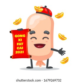 Vector illustration of character or sausage mascot holding red scroll and says happy chinese new year