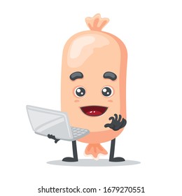 Vector illustration of character or sausage mascot doing presentation with laptop