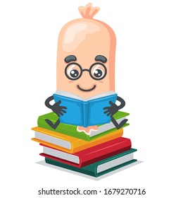 Vector illustration of character or sausage mascot reading books