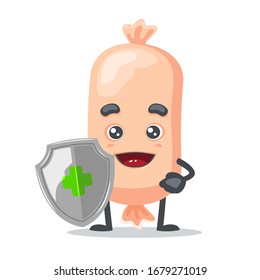 Vector illustration of character or sausage mascot holding shield