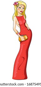 Vector illustration character. Seductive glamorous blonde in red evening dress with crystals and open back with clutches in her hands is smiling. All layers are organized and named. Flower in her hair