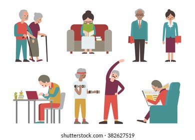 Vector illustration character of senior or elderly man and woman, representing to grandmother or grandfather in various activities. 