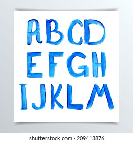 Vector illustration of a character set in blue on white background. Paint brush stroke