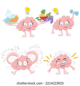vector illustration.  character set.  brain and nutrition, sports, fear and anger.  the brain is engaged in sports.  the brain is frightened, terrified.  the brain is angry, aggressive. 