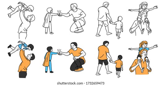 Vector illustration character set of father enjoy happy time with son and daughter, in concept of Father's Day. Outline, thin line art, hand drawn sketch design, simple style.