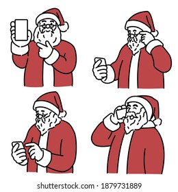 Vector illustration character set of happy Santa Claus holding, using and showing smartphone. Outline, linear, thin line art, hand drawn sketch design, simple style.