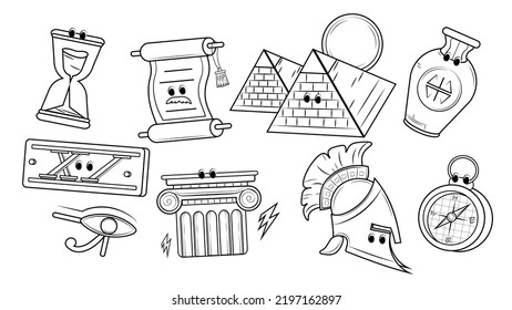Vector and illustration character set of History subject in coloring style, includes of sandglass, compass, Pyramid, Greek pillar, knight helmet, Chinese vase, Roman stone slab and The eyes of Horus