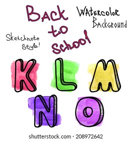 Vector illustration of a character set. Paint brush stains. Watercolor spots. 3D letters. Back to school sketchnote style.