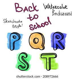 Vector illustration of a character set. Paint brush stains. Watercolor spots. 3D letters. Back to school sketchnote style.