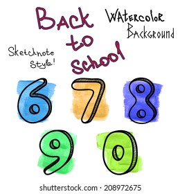 Vector illustration of a character set. Paint brush stains. Watercolor spots. 3D numbers. Back to school sketchnote style.