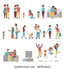 Vector illustration character set of parents, mother, father with kids. Family, pregnant, holding baby, learning to walk, go shopping, give birthday cake and present, jumping in happiness.