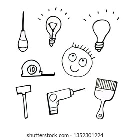 Vector illustration. Character set Repair, idea. Light bulb, screwdriver, design, idea, thought, paint brush, drill, hammer, tape measure, face, person.