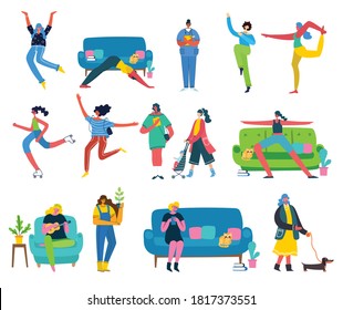 Vector illustration character set of smart business woman in various activities, action, gesture, in daily working life, start from go to work, working, finish, go home. Flat design.