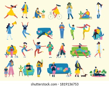 Vector illustration character set of smart business woman in various activities, action, gesture, in daily working life, start from go to work, working, finish, go home. Flat design.