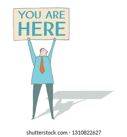 Vector illustration of a character with a sign about his location point.