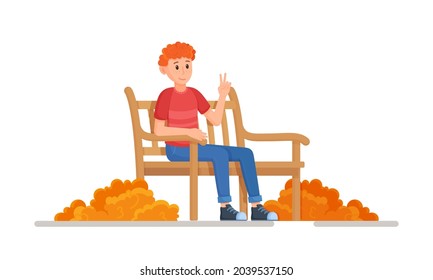 Vector illustration of a character sitting on a bench in the fall. Concept of a young guy relaxing during an autumn leaf fall.