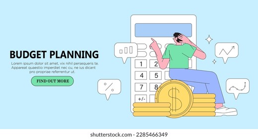Vector illustration of character sitting on coins with calculator counting finance, planning, distributing budget. Financial management concept. Diversification of money savings, investments, assets. 
