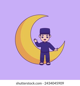 Vektorgrafik eines Charakters, der auf einem Mondsichel sitzt. Er lächelt und winkt. Perfekt für Ramadan-Kareem-Projekte