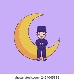 Vector illustration of a character sitting on a crescent moon. He is making the gesture of Salam. perfect for Ramadan kareem themed projects