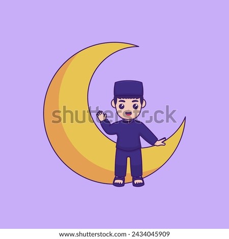 Vector illustration of a character sitting on a crescent moon. He is smiling and waving. perfect for Ramadan kareem themed projects