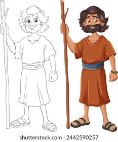 Vector illustration of a character, from sketch to color.