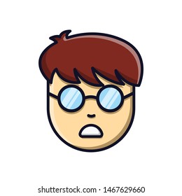 Vector illustration of character with smile, brown hair, eyeglasses. Flat cartoon style suitable for web landing page, banner, flyer