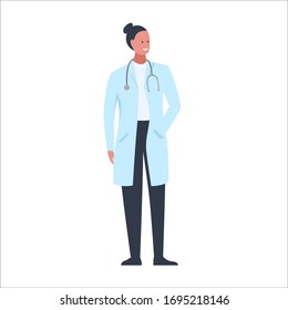 Vector illustration of a character of a smiling female doctor with a stethoscope on her neck. It represents a concept of doctors work, medical protection and health safety