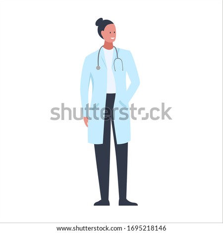 Vector illustration of a character of a smiling female doctor with a stethoscope on her neck. It represents a concept of doctors work, medical protection and health safety