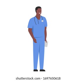 Vector illustration of a character of a smiling male doctor with a folder in his hand and a stethoscope on his neck. It represents a concept of doctors work, medical protection and health safety