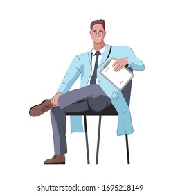 Vector illustration of a character of a smiling and stylish male doctor with glasses sitting on a chair with a medical folder in his hand. It represents a concept of doctors work, medicine protection