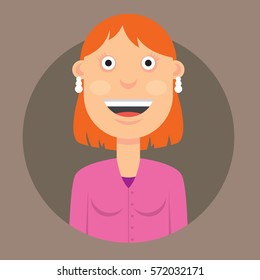 vector illustration of the character of a smiling woman with red hair in a dress in a good mood on a round brown background.