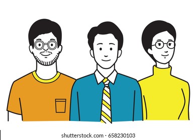 Vector illustration character of smiling young businesspeople, man and woman, as teamwork, partner, colleague, friends concept. Hand draw, sketch, doodle, cartoon style.