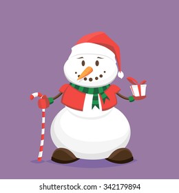Vector illustration character snowman with present box for design