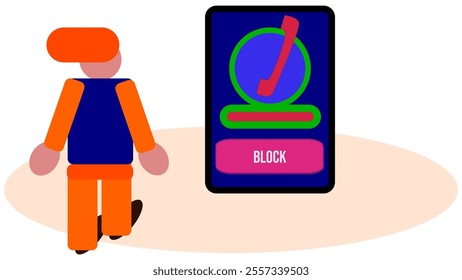 a Vector illustration of a character standing in front of a phone with a block option on the smartphone, relationship dating and online communication concept. Blocking a number and breakups concept