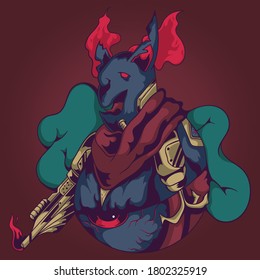 Ilustración vectorial del personaje parado con un arma y un gancho