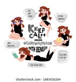 
 Vector illustration of a character staying at home because of covid-19 and spending time with benefit . social media campaign and coronavirus prevention. read, education, chat with friends, music