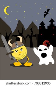 Vector illustration with character with sword and helm versus ghost.