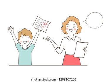 Vector illustration character teacher glad to to happy boy holding good result.School concept.Draw doodle cartoon style.