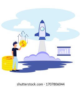 Vector illustration of character thinking of an person. setting up a start-up business project. The emergence of a career towards success, flat color icons, business analysis