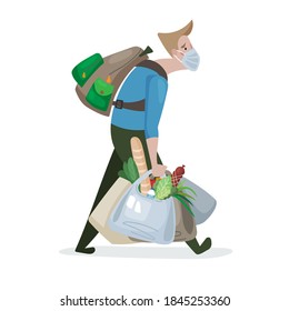 Vector illustration character tired man in a medical mask loaded with purchases of food. A guy with a heavy backpack and a lot of shopping bags. Protective mask against coronavirus.