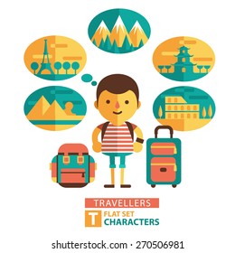 Vector illustration. Character traveling the world. Man chooses where to spend a vacation.