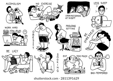 Vector illustration character of various people in unhealthy habits lifestyle, alcoholism, no exercise; work hard, be lazy, smoking, eat too much, less sleep, be stressed and bad-tempered. Cute doodle hand drawn style, black and white ink sketch, big set.  