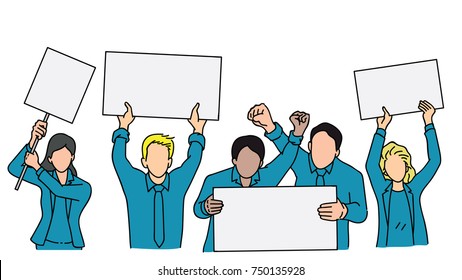 Vector illustration character of various people, adult man and woman, businesspeople, holding blank banner in concept of protest. Outline, linear, thin line art, hand draw sketch. 