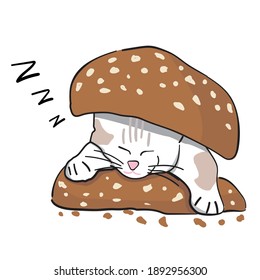 Carácter de ilustración vectorial. gato blanco durmiendo en pan de trigo. Diseño gatito lindo.