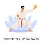 Vector illustration of a character who practices karate. A cartoon man in a kimono with a red belt doing martial arts and performing an arm kick. Flat style, isolated background.